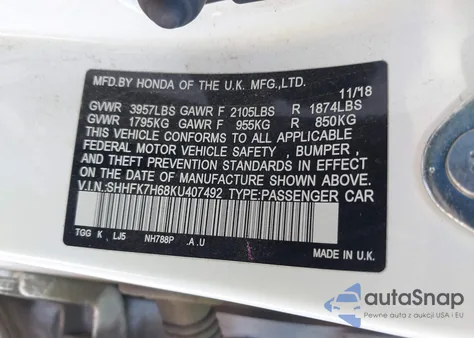 2019 Honda Civic Ex from USA, damaged, VIN SHHFK7H68KU407492
